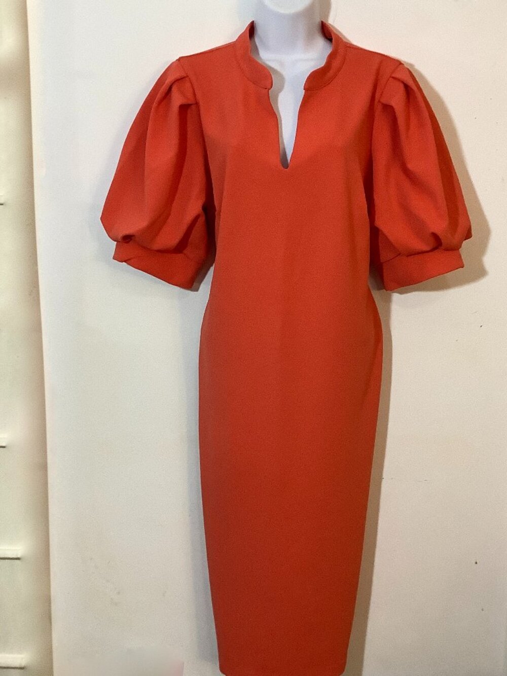 Dress Midi Orange V Neck  Large NY & C Exaggerated Sleeve Sheath Style Tie Belt